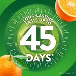 Graphic badge on green background stating long-lasting lasts up to 45 days with orange fruit accents