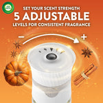 Air Wick graphic showing the top of a plug‑in warmer and text about five adjustable scent strength levels with pumpkin and cinnamon accents
