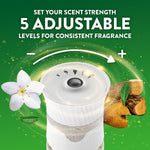 Graphic showing plug-in warmer top with arrow and text set your scent strength five adjustable levels and jasmine and wood accents