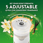 Graphic showing an Air Wick plug-in top with vanilla flowers and vanilla pods, plus copy about five adjustable scent strength levels.