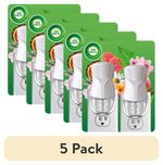 Five overlapping Air Wick plug-in oil warmer package graphics arranged behind a beige banner reading '5 Pack'.
