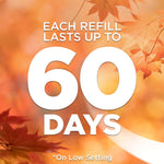 Autumn leaves background with large text ‘Each Refill Lasts Up To 60 Days’ and smaller note about low setting