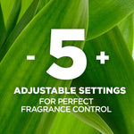 Green leaf background with large white number 5 and text stating adjustable settings for fragrance control.