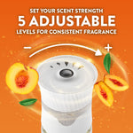 Close-up of Air Wick plug-in top showing adjustable dial and peaches with text '5 adjustable levels for consistent fragrance'