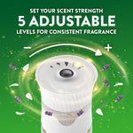 Close-up graphic of the warmer’s adjustable top with text ‘5 adjustable levels’ and decorative lavender accents