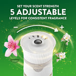 Close-up of Air Wick plug-in unit top showing adjustable dial and text about five adjustable scent levels