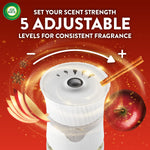 Graphic showing the plug-in warmer top with an adjustable dial and text about five adjustable scent strength levels.