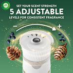 Close-up of Air Wick plug-in top with adjustable dial graphic and text 'Set Your Scent Strength 5 Adjustable Levels'