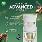 Air Wick plug-in warmer with icons and text highlighting anti-fading technology, fragrance boost button, and low refill indicator