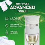 Air Wick advanced plug-in device on green background with icons listing anti-fading technology and low refill indicator features