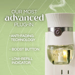 Air Wick plug-in device photo with liquid refill visible and overlay text listing anti-fading technology and boost button