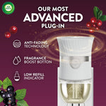 Air Wick advanced plug-in graphic showing device and icons for anti-fading technology, fragrance boost and low refill indicator