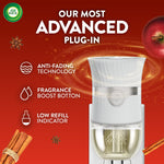 Air Wick plug‑in warmer product graphic listing features like anti‑fading technology, fragrance boost and low refill indicator