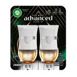 Retail blister-pack image of two white Air Wick advanced plug-in scented oil warmers with product icons and branding on black backing.