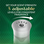 Top-down view of the Air Wick advanced plug-in warmer with text describing "5 adjustable levels" and an arrow showing scent strength control.