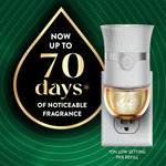Single Air Wick advanced plug-in warmer plugged into an outlet with graphic teardrop stating "now up to 70 days of noticeable fragrance."