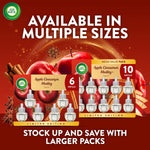 Promotional image showing two Air Wick Apple Cinnamon Medley pack sizes with text available in multiple sizes and apples background