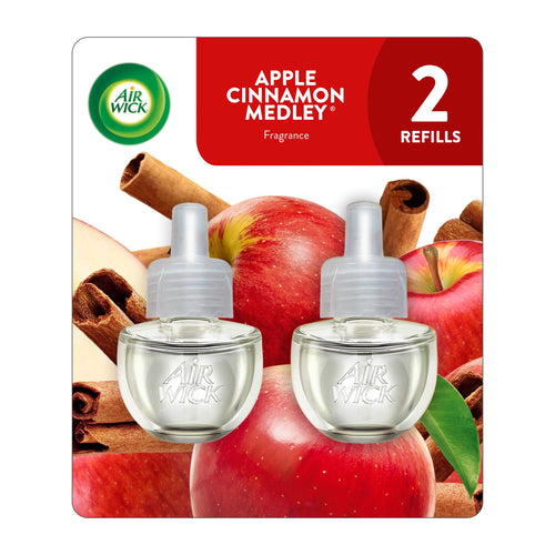 Air Wick apple cinnamon medley scented oil refill twin bottles on product blister card with apples and cinnamon sticks graphic