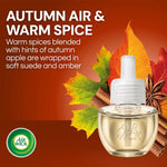 Single Air Wick refill bottle against autumn-themed background with product name and descriptive fragrance text
