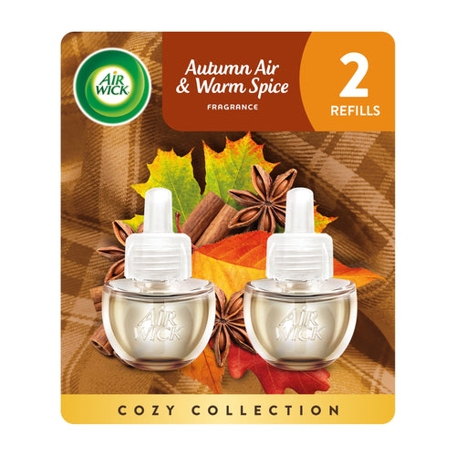 Air Wick Autumn Air & Warm Spice two refill vials pictured on seasonal plaid background with leaves and spices