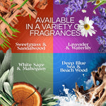 Four-panel graphic showing other Air Wick fragrance varieties with wood, lavender, sage and ocean imagery and available message