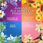 Colorful quadrant graphic listing available Air Wick fragrances: lavender & chamomile, papaya & hibiscus, fresh waters, vanilla & pink papaya