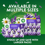 Promotional image showing two sizes of Air Wick lavender & chamomile refill packs with text 'available in multiple sizes' and floral accents