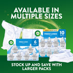 Graphic showing multiple pack sizes of Air Wick Fresh Linen refills with text Available in Multiple Sizes and savings message
