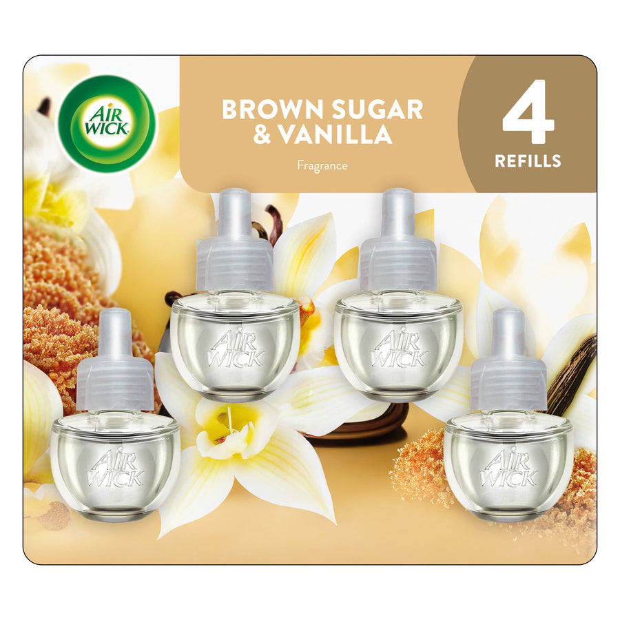 Pack-style graphic showing four clear Air Wick plug-in oil refill bottles over vanilla flowers and brown sugar background.