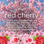 Cherry blossom tree and raspberries background with text describing bright red cherry scent for the Air Wick Vibrant fragrance