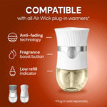 Graphic showing an Air Wick plug-in warmer and icons listing compatibility, anti-fading, fragrance boost, and low-refill indicator
