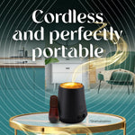 Lifestyle graphic of cordless Air Wick diffuser on a table with text ‘Cordless and perfectly portable’