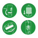 Four green circular icons illustrating step-by-step device setup: twist base, insert refill, battery compartment, and dispenser in use.