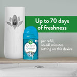 White Air Wick dispenser beside a blue Pure refill can with text claiming up to 70 days of freshness per refill on a 40 minute setting.