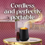 Lifestyle graphic of cordless Air Wick diffuser base and refill on a table with text highlighting portability