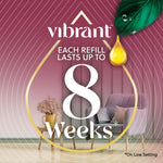 Promotional graphic showing a large drop icon and text "each refill lasts up to 8 weeks" over room scene