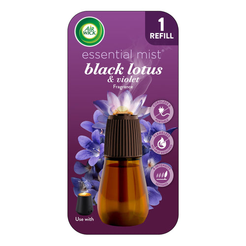 Air Wick Essential Mist black lotus & violet refill blister pack showing brown refill bottle on purple floral background