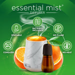 Air Wick essential mist diffuser shown with icon ring highlighting portable, batteries included, no flame and no heat features