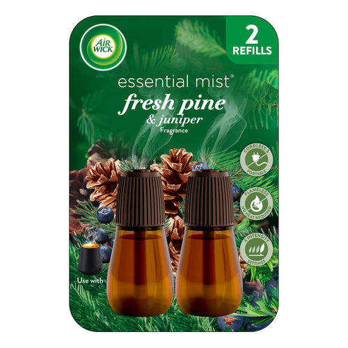 Air Wick Essential Mist Fresh Pine & Juniper refill blister pack with two amber refill bottles and pinecone graphics