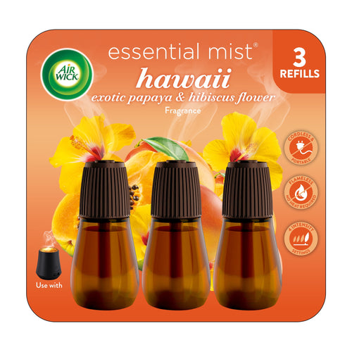 Three amber refill bottles with brown caps on orange hibiscus and papaya background, Air Wick Essential Mist refill packaging