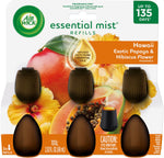 Front view of Air Wick Essential Mist refill blister pack showing three amber oil refills and tropical papaya and hibiscus artwork