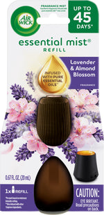 Air Wick Essential Mist refill packaging showing lavender and almond blossom graphics, brown refill bottle visible through blister