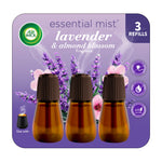 Packaging card showing three amber refill bottles with brown ribbed caps and lavender and almond blossom artwork