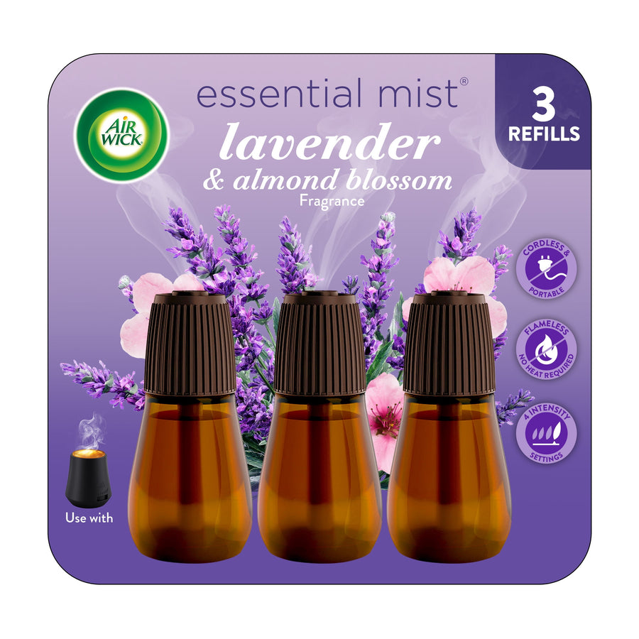 Packaging card showing three amber refill bottles with brown ribbed caps and lavender and almond blossom artwork