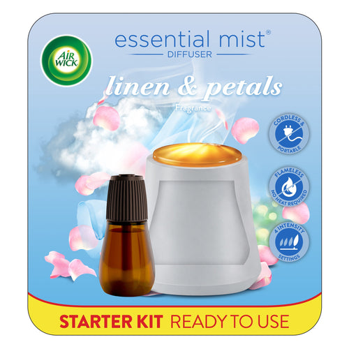 Air Wick Essential Mist linen & petals starter kit packaging showing diffuser and refill bottle on blue background.