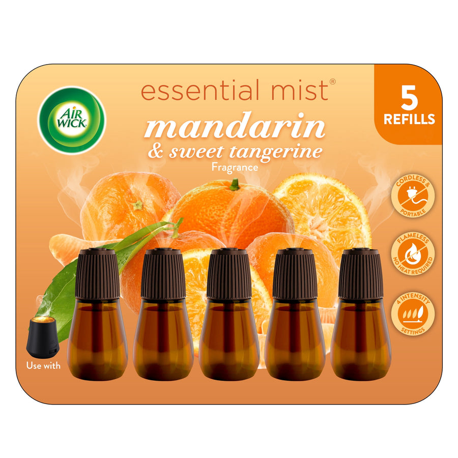 Packaging card showing five amber refill bottles and mandarin oranges labeled Essential Mist mandarin & sweet tangerine.