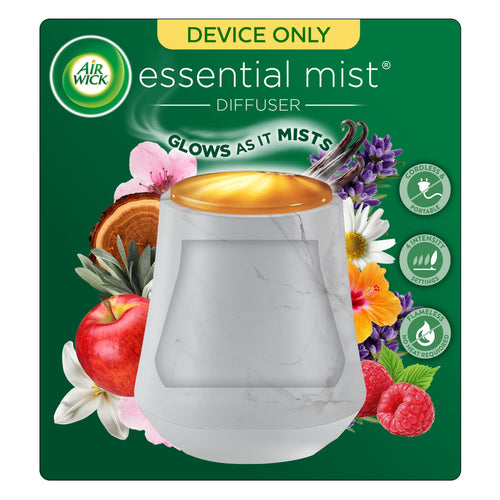 Air Wick Essential Mist marble cordless diffuser on green background with floral and fruit accents and 'device only' header.