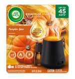 Retail blister-pack style image of Air Wick Essential Mist pumpkin spice cordless diffuser with refill bottle and product badges.