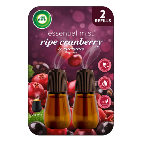Air Wick Essential Mist ripe cranberry & currants refill twin pack packaging showing two amber refill bottles and fruit imagery