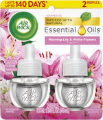 Air Wick branded blister pack showing two clear plug-in scented oil refills with floral art